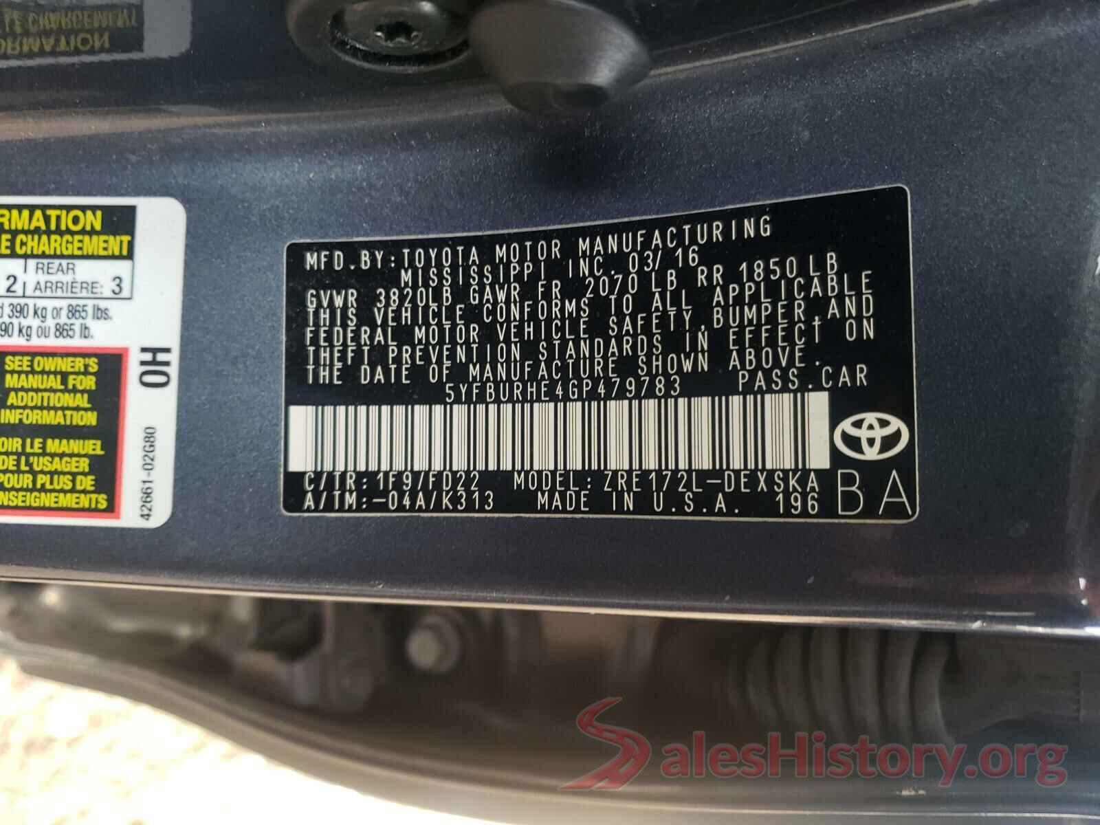 5YFBURHE4GP479783 2016 TOYOTA COROLLA