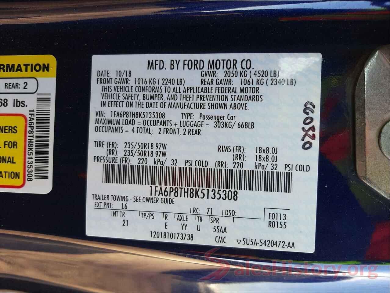 1FA6P8TH8K5135308 2019 FORD MUSTANG