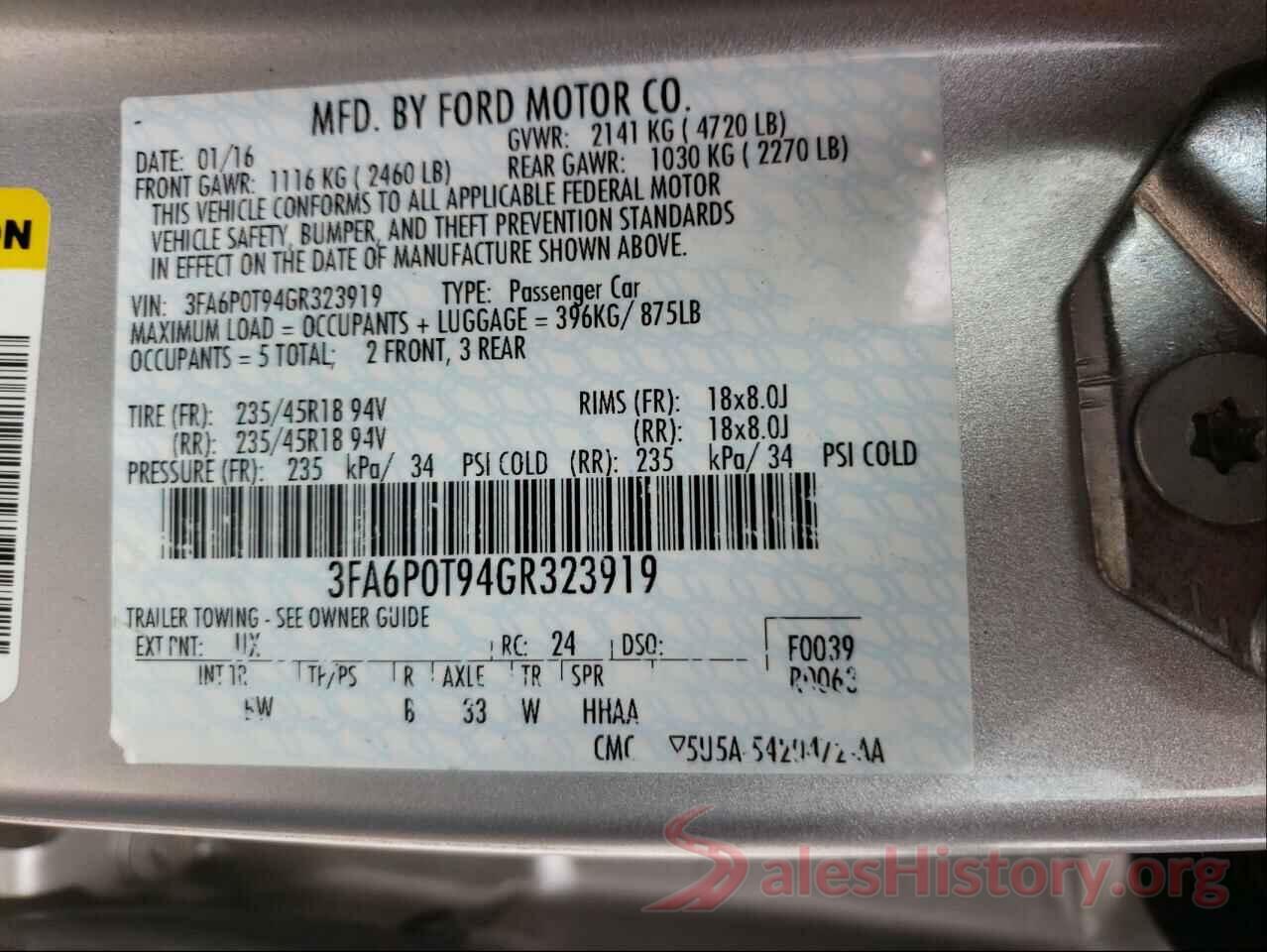 3FA6P0T94GR323919 2016 FORD FUSION