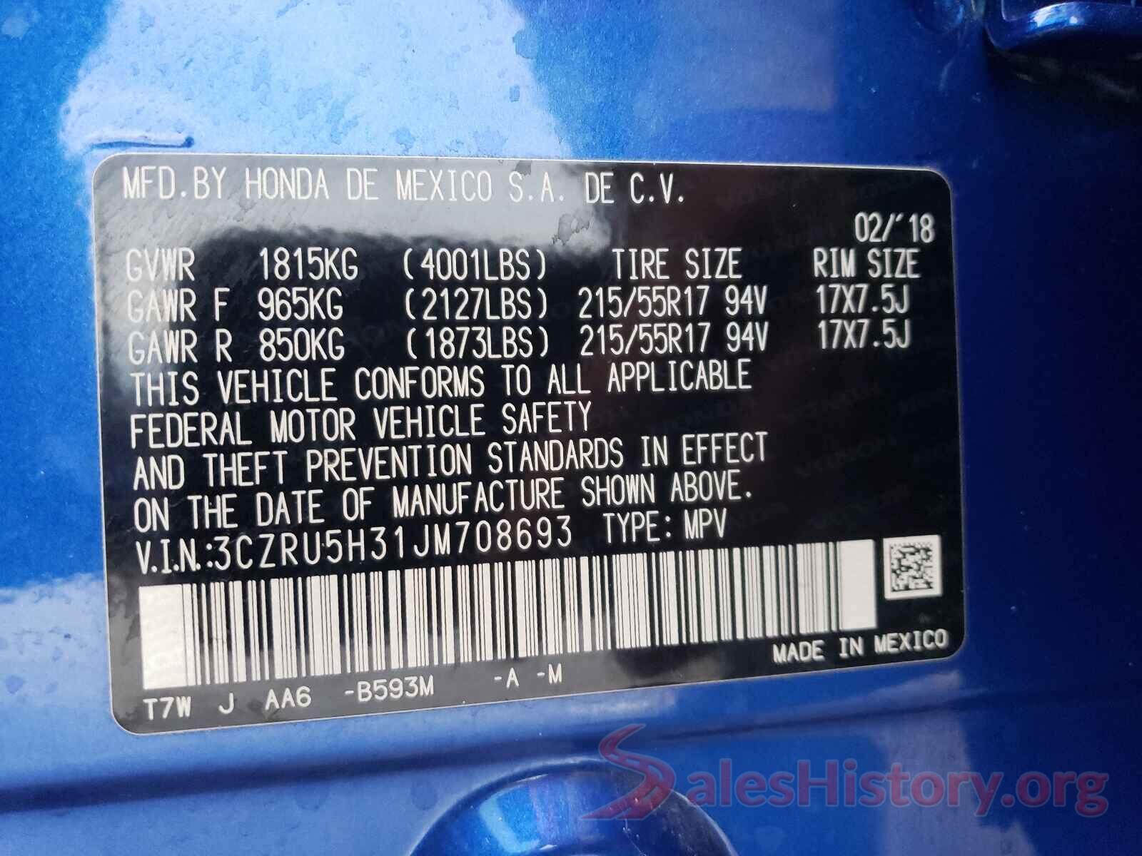 3CZRU5H31JM708693 2018 HONDA HR-V