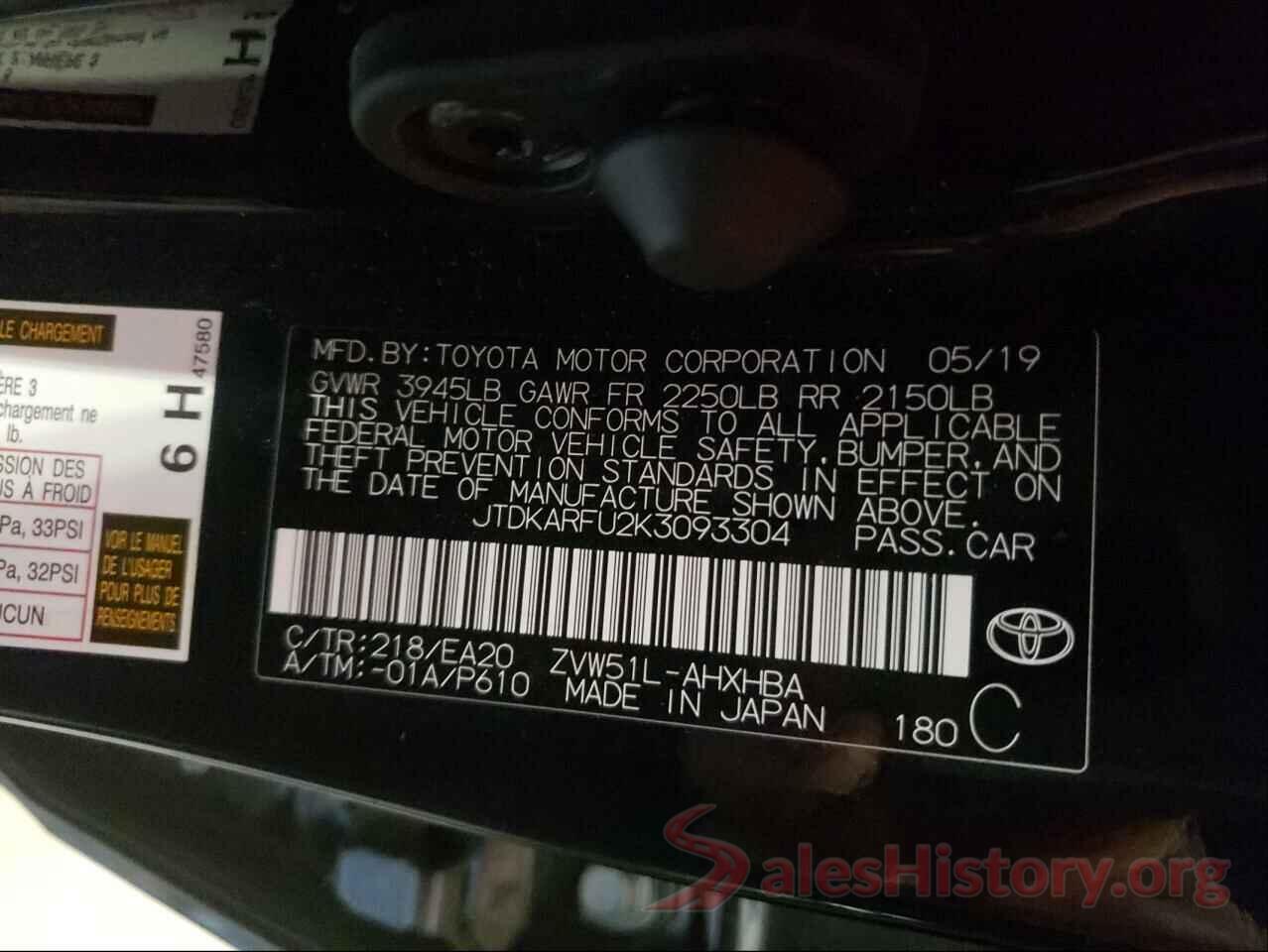 JTDKARFU2K3093304 2019 TOYOTA PRIUS