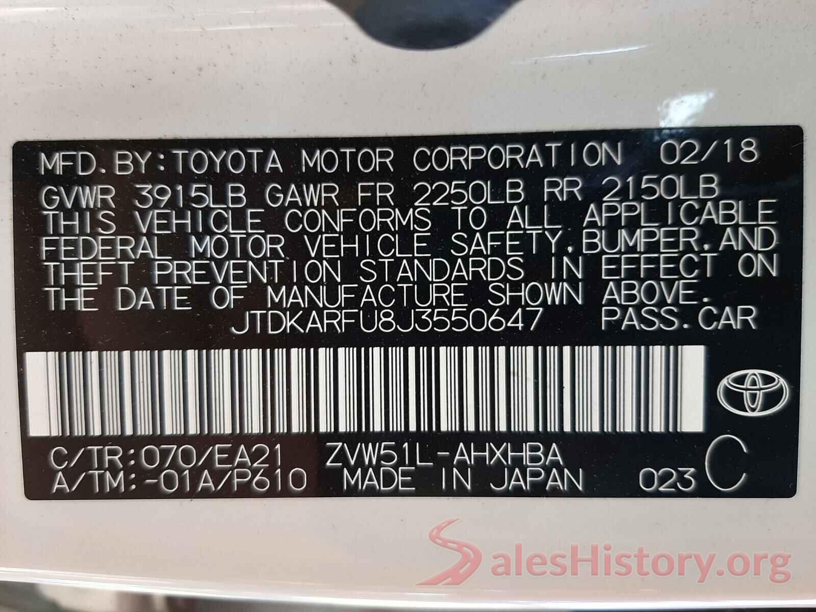 JTDKARFU8J3550647 2018 TOYOTA PRIUS