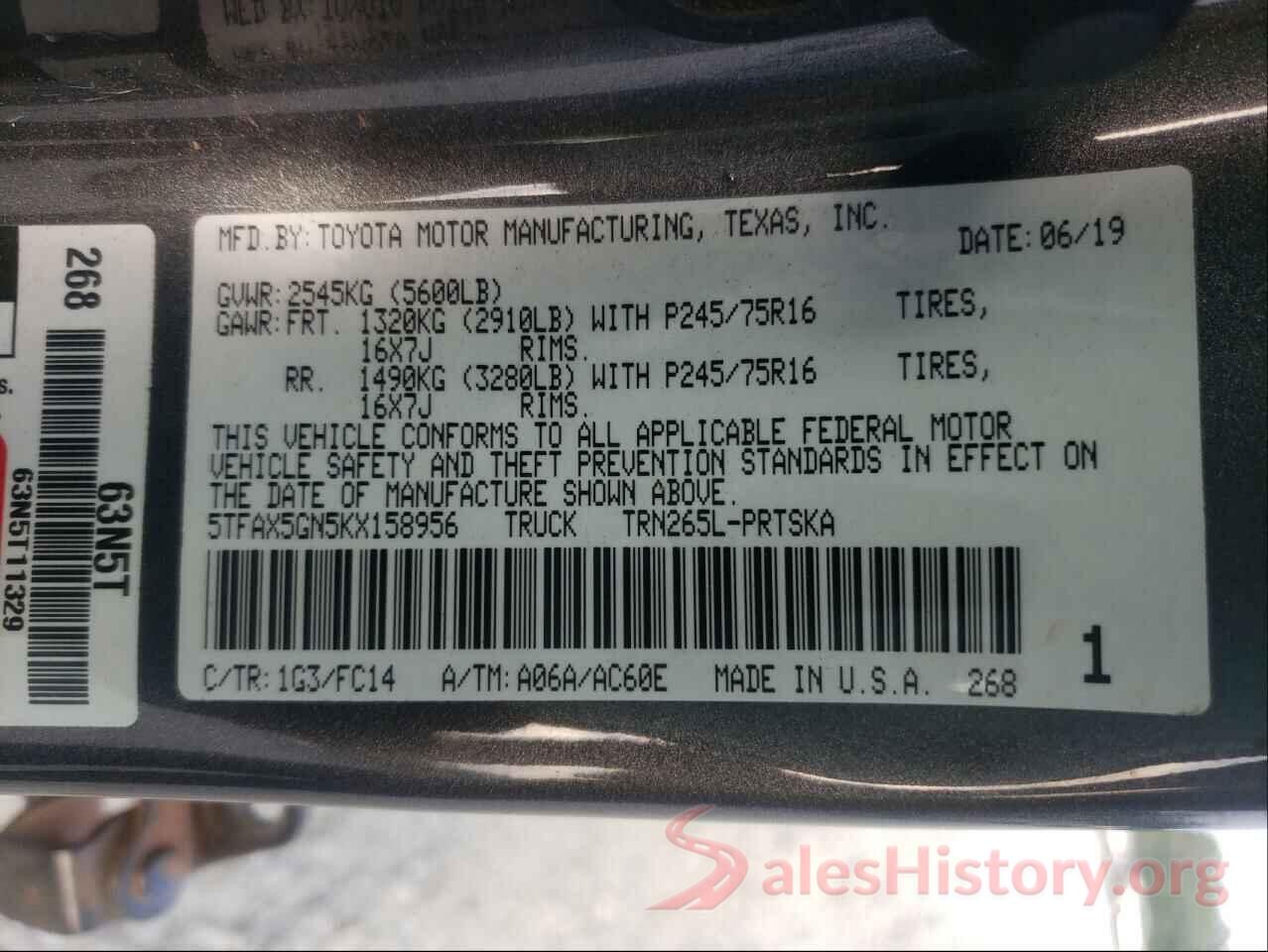 5TFAX5GN5KX158956 2019 TOYOTA TACOMA