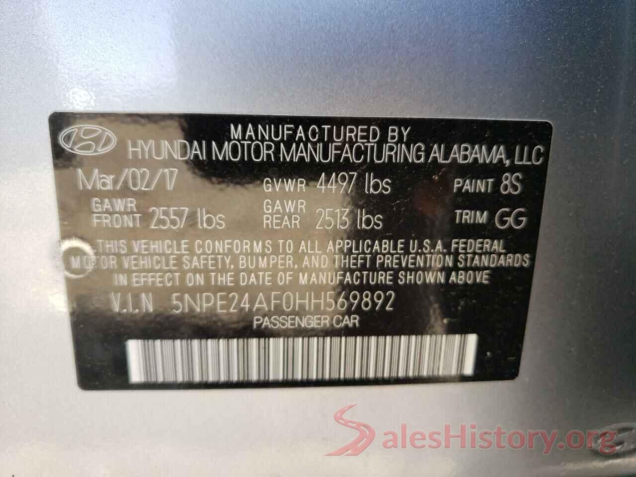 5NPE24AF0HH569892 2017 HYUNDAI SONATA