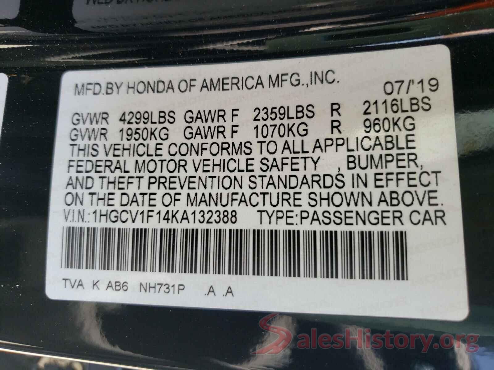 1HGCV1F14KA132388 2019 HONDA ACCORD