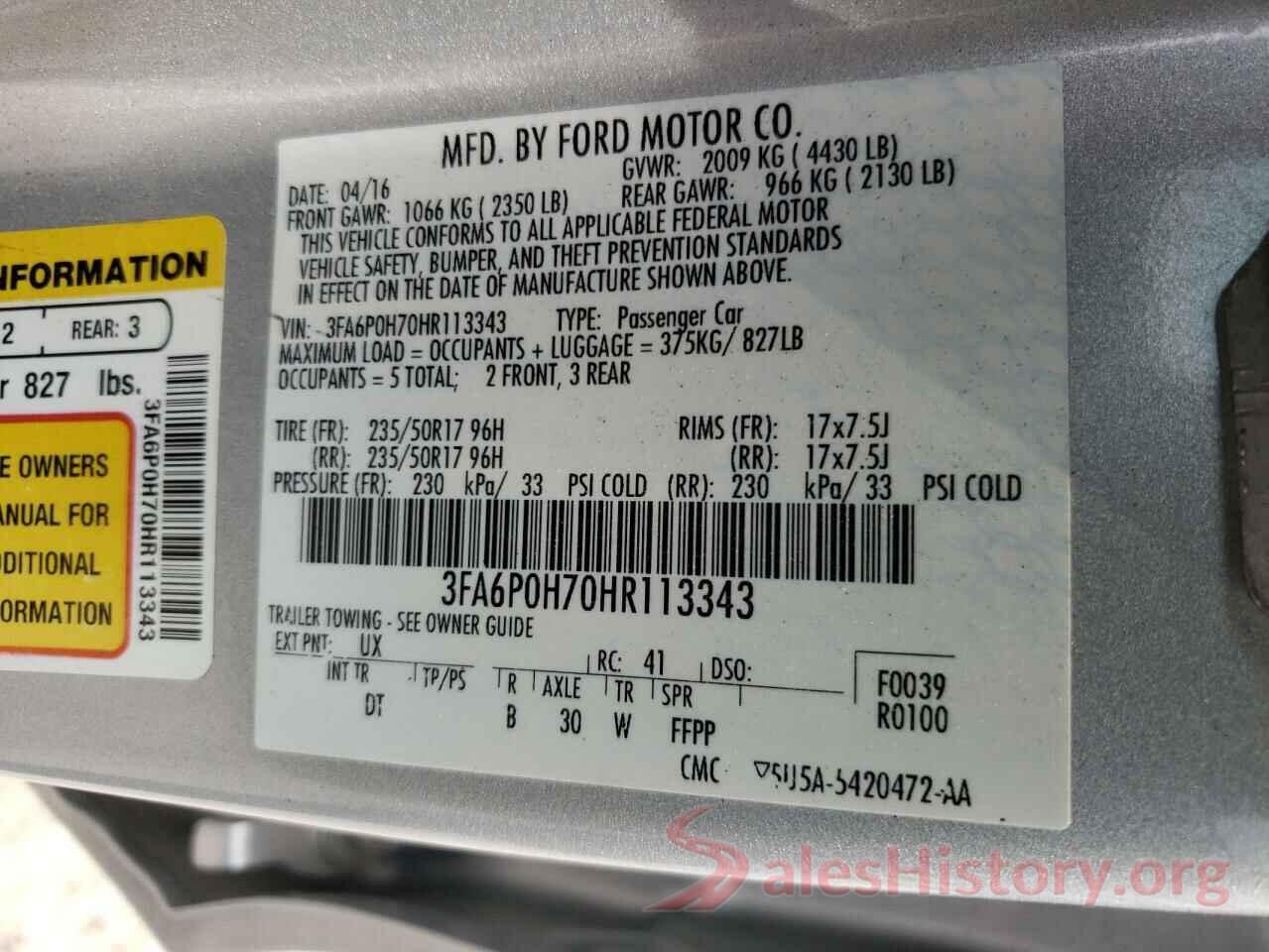 3FA6P0H70HR113343 2017 FORD FUSION