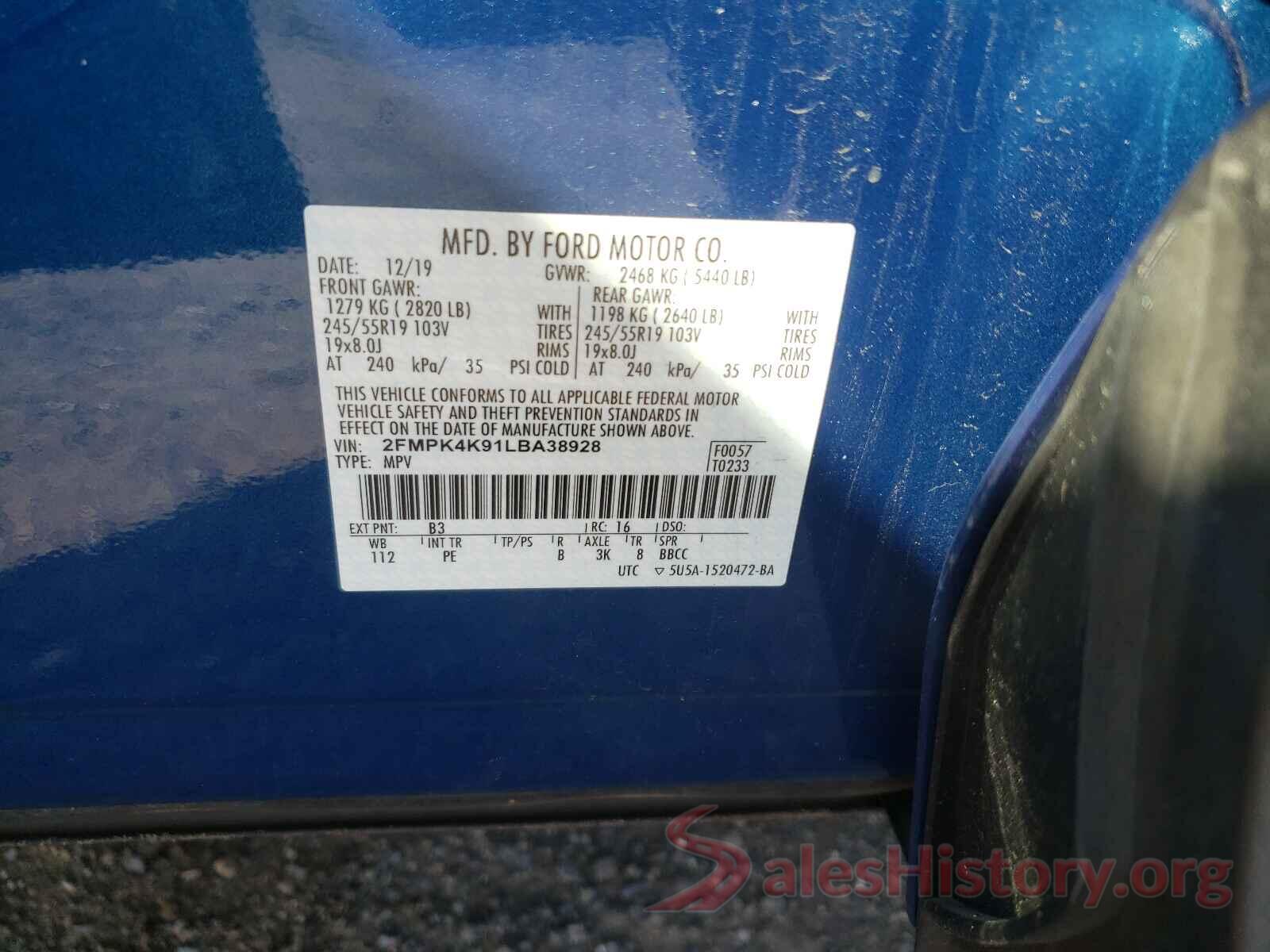 2FMPK4K91LBA38928 2020 FORD EDGE