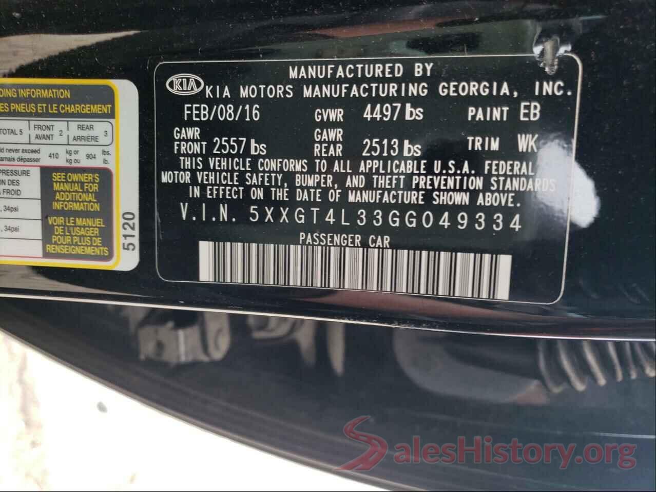 5XXGT4L33GG049334 2016 KIA OPTIMA