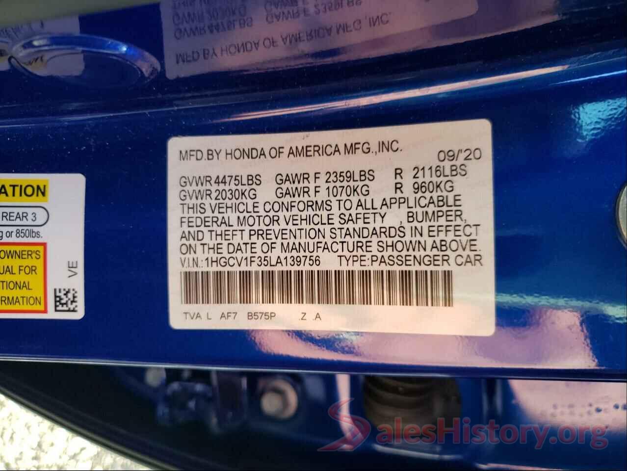 1HGCV1F35LA139756 2020 HONDA ACCORD