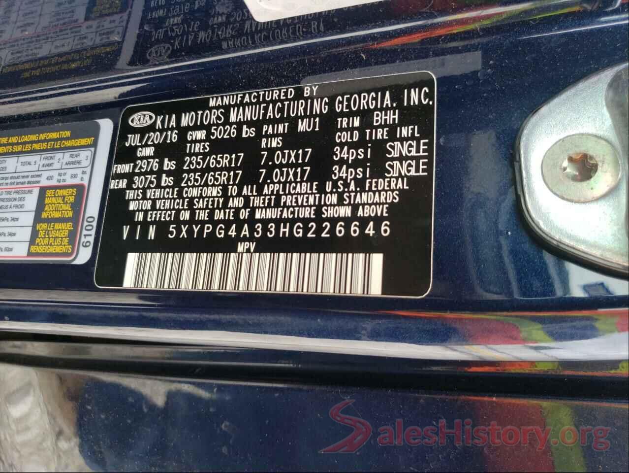 5XYPG4A33HG226646 2017 KIA SORENTO