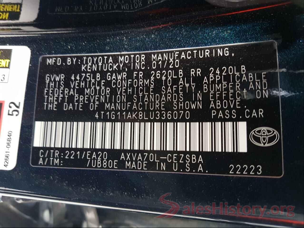 4T1G11AK8LU336070 2020 TOYOTA CAMRY