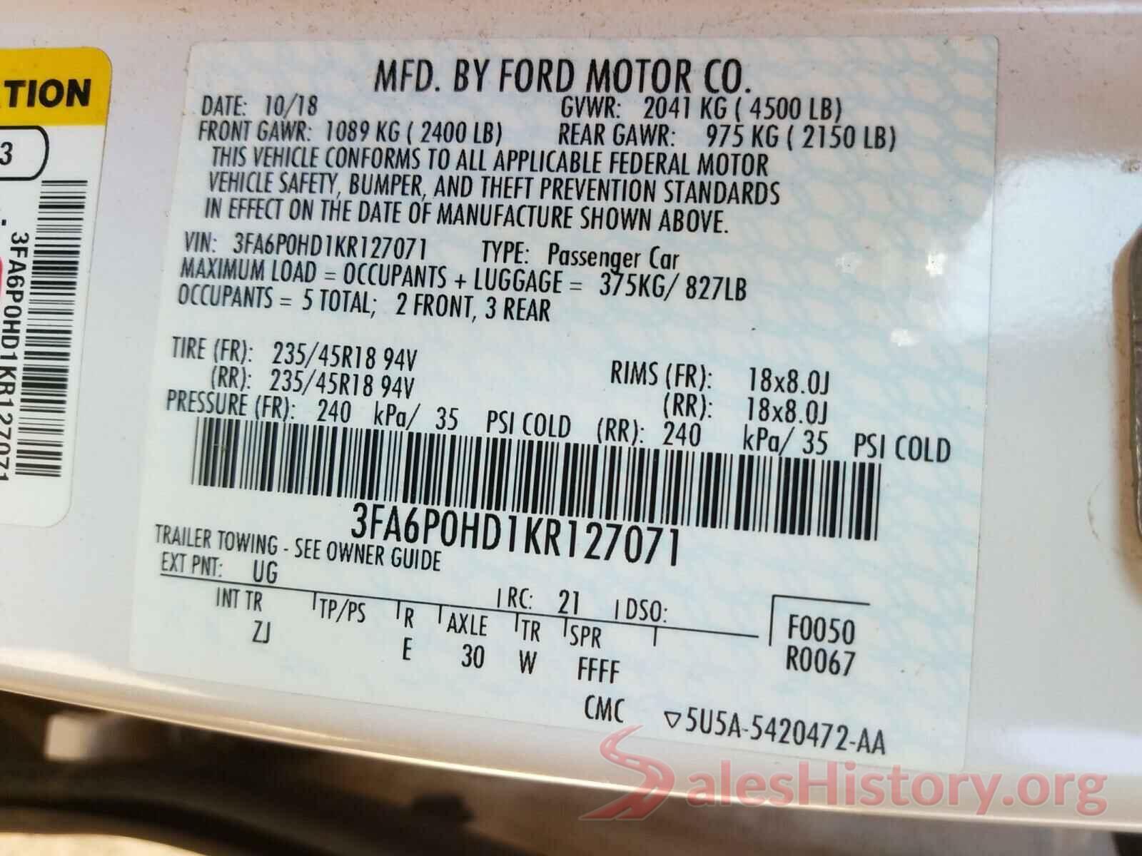 3FA6P0HD1KR127071 2019 FORD FUSION