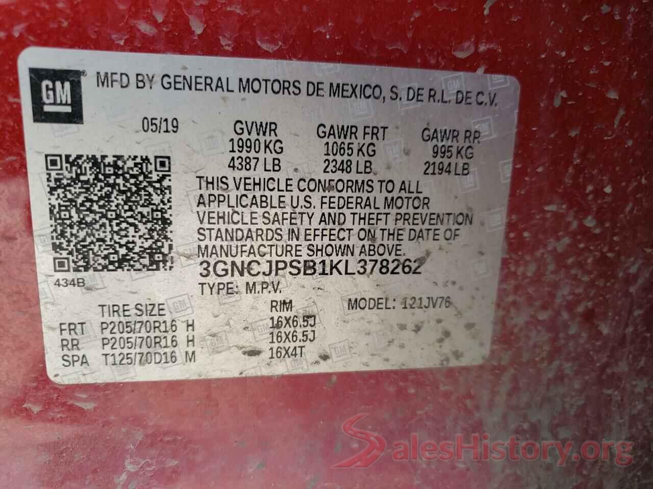 3GNCJPSB1KL378262 2019 CHEVROLET TRAX