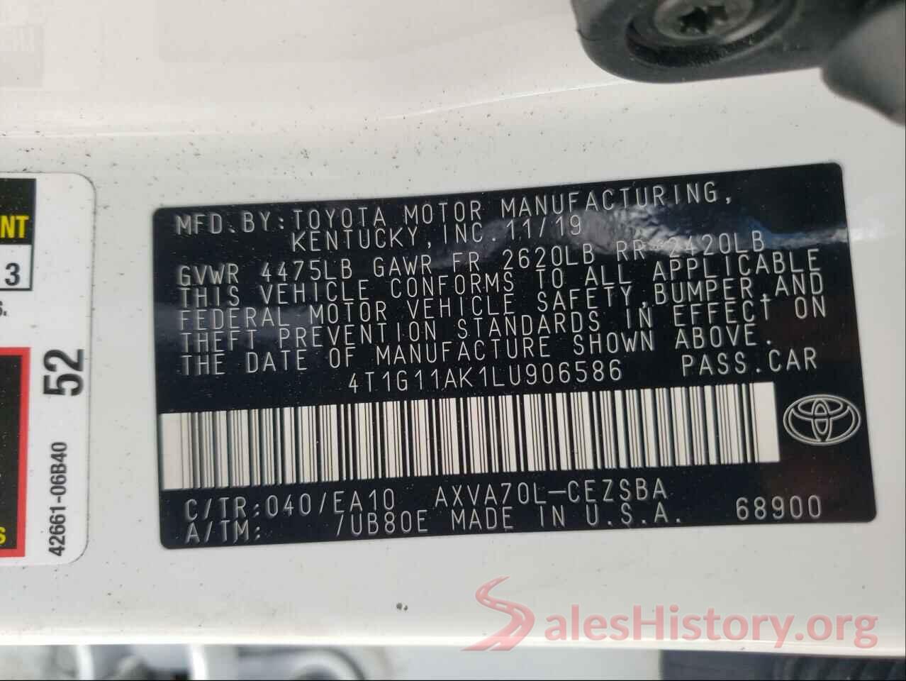 4T1G11AK1LU906586 2020 TOYOTA CAMRY