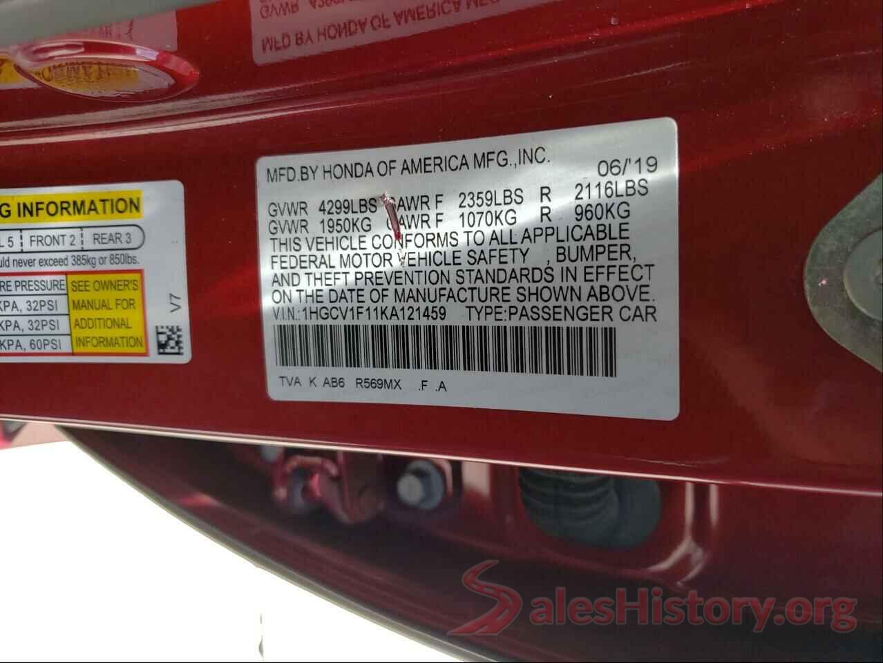 1HGCV1F11KA121459 2019 HONDA ACCORD