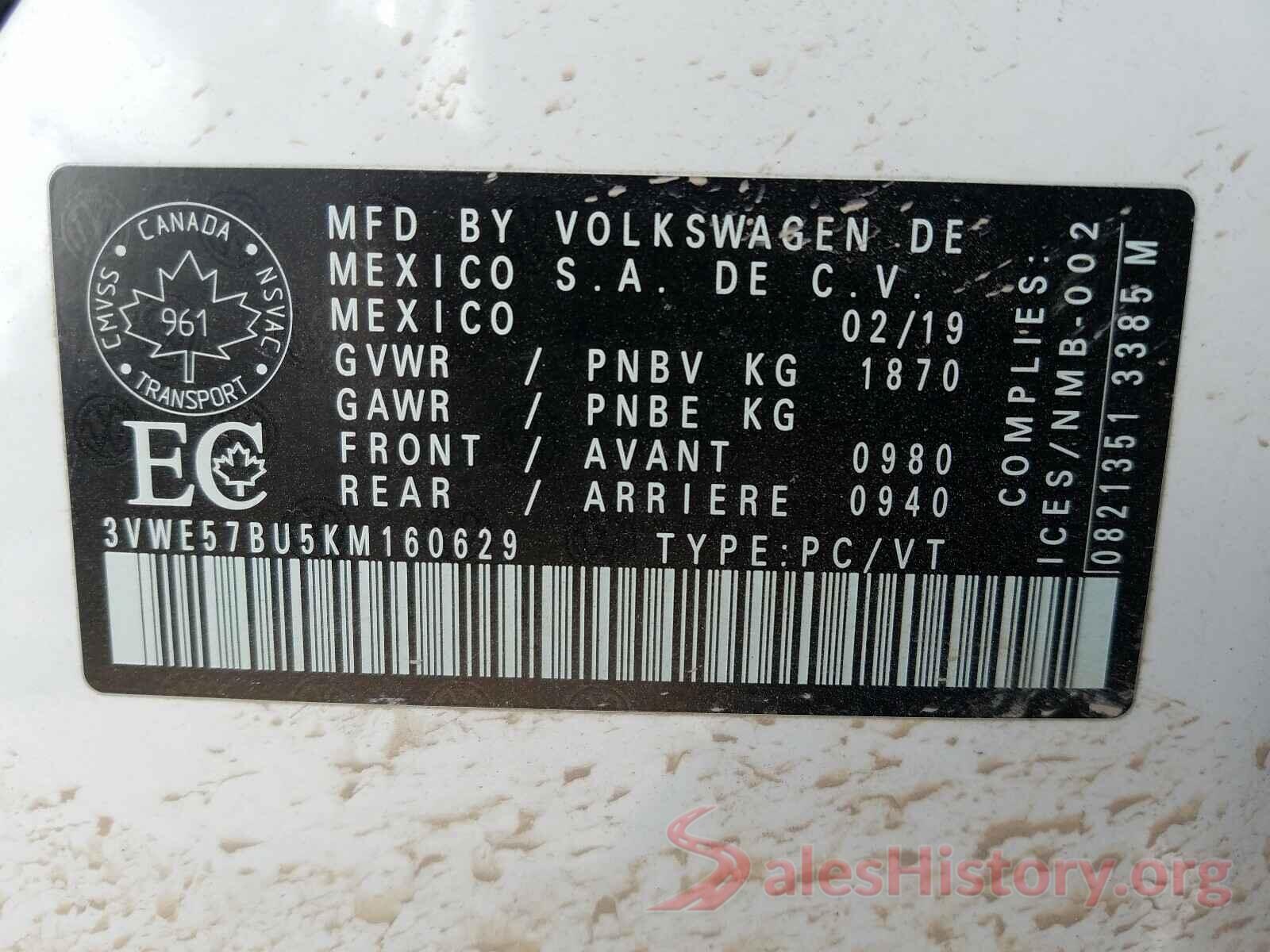 3VWE57BU5KM160629 2019 VOLKSWAGEN JETTA