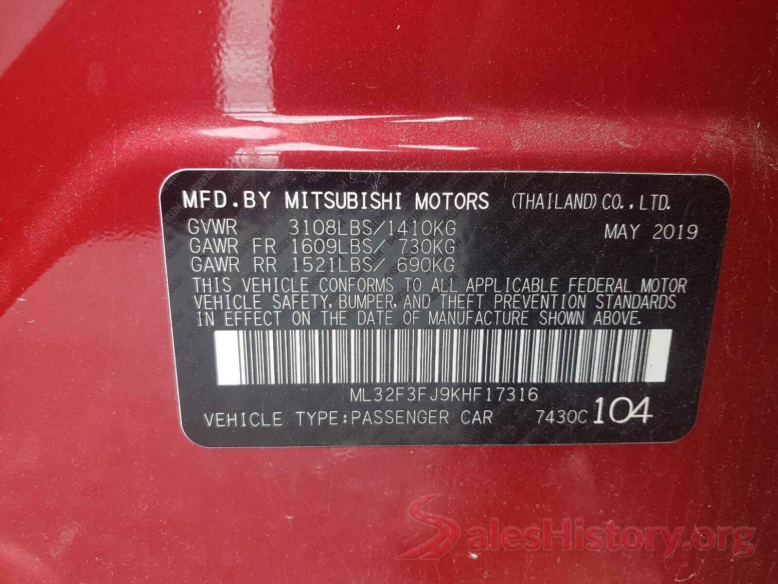 ML32F3FJ9KHF17316 2019 MITSUBISHI MIRAGE