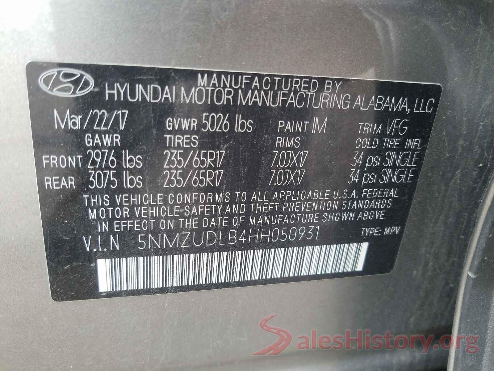 5NMZUDLB4HH050931 2017 HYUNDAI SANTA FE