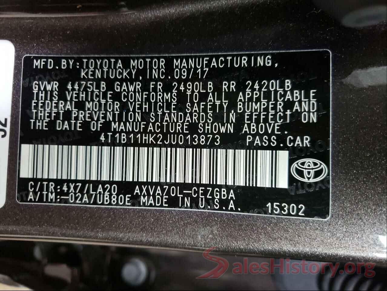 4T1B11HK2JU013873 2018 TOYOTA CAMRY