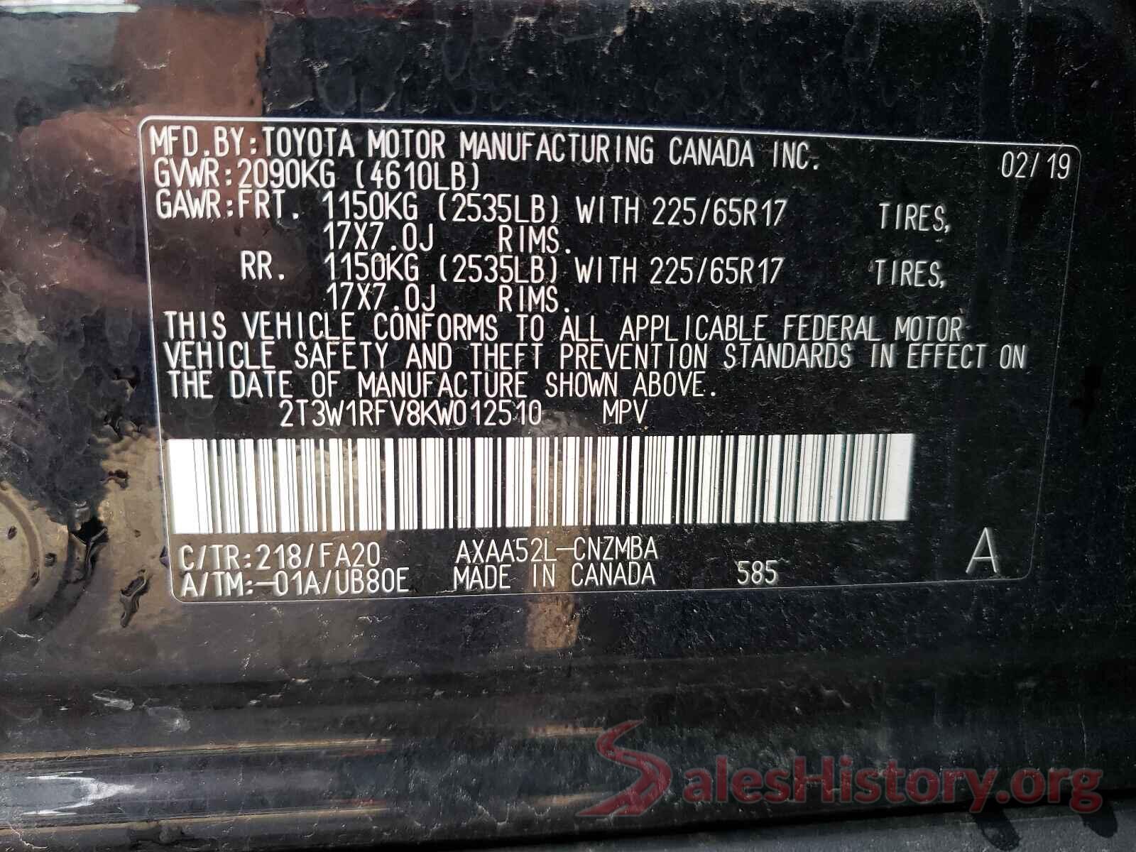 2T3W1RFV8KW012510 2019 TOYOTA RAV4