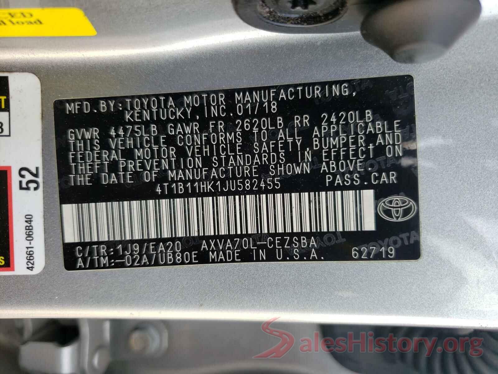 4T1B11HK1JU582455 2018 TOYOTA CAMRY