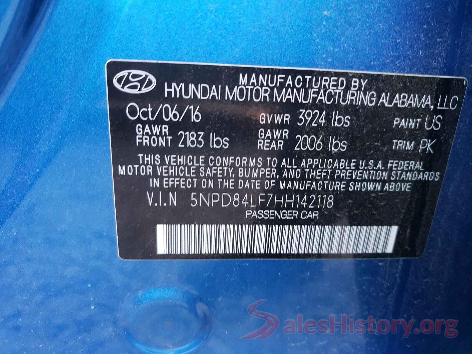 5NPD84LF7HH142118 2017 HYUNDAI ELANTRA