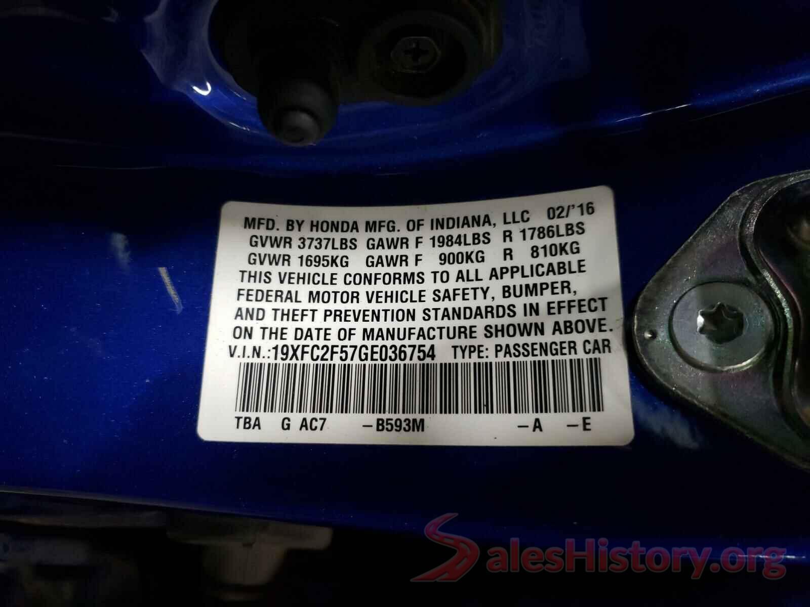 19XFC2F57GE036754 2016 HONDA CIVIC