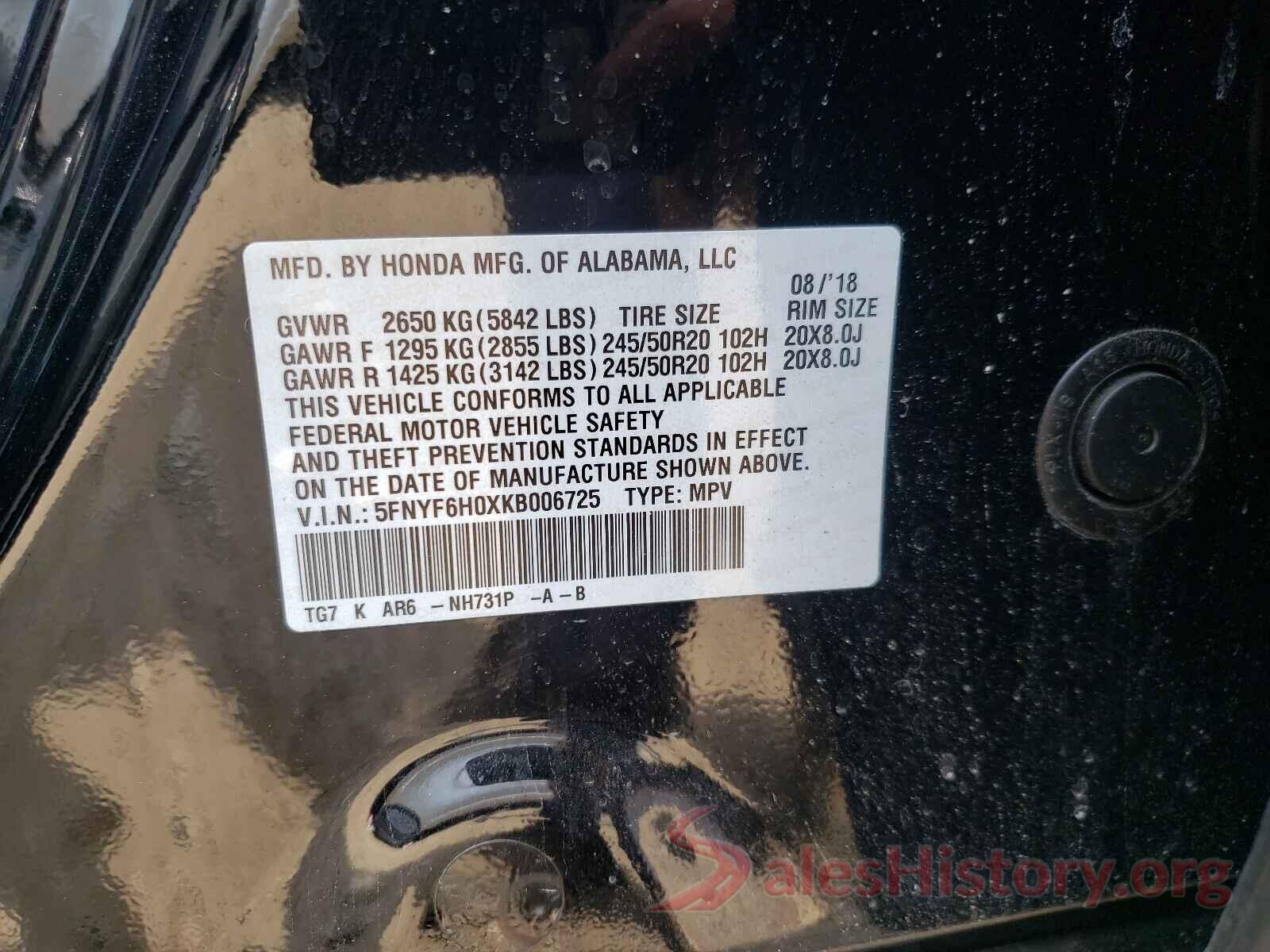 5FNYF6H0XKB006725 2019 HONDA PILOT