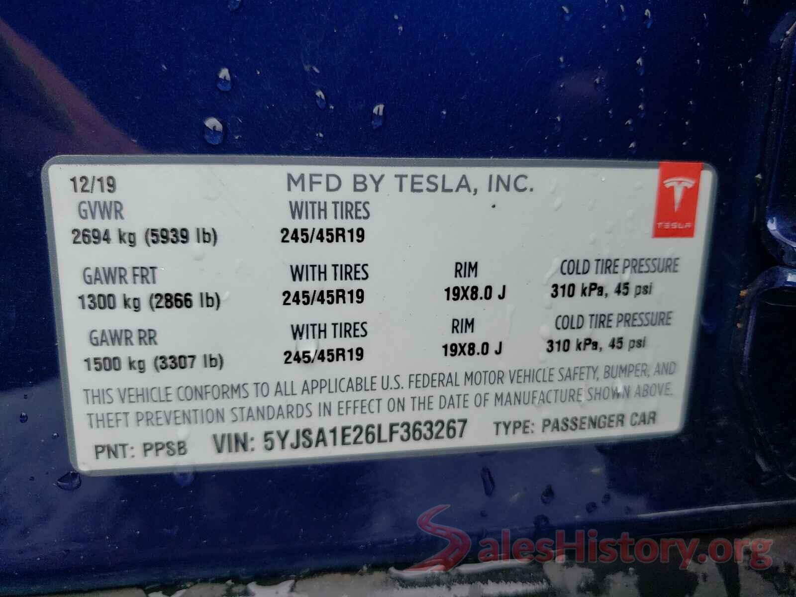 5YJSA1E26LF363267 2020 TESLA MODEL S