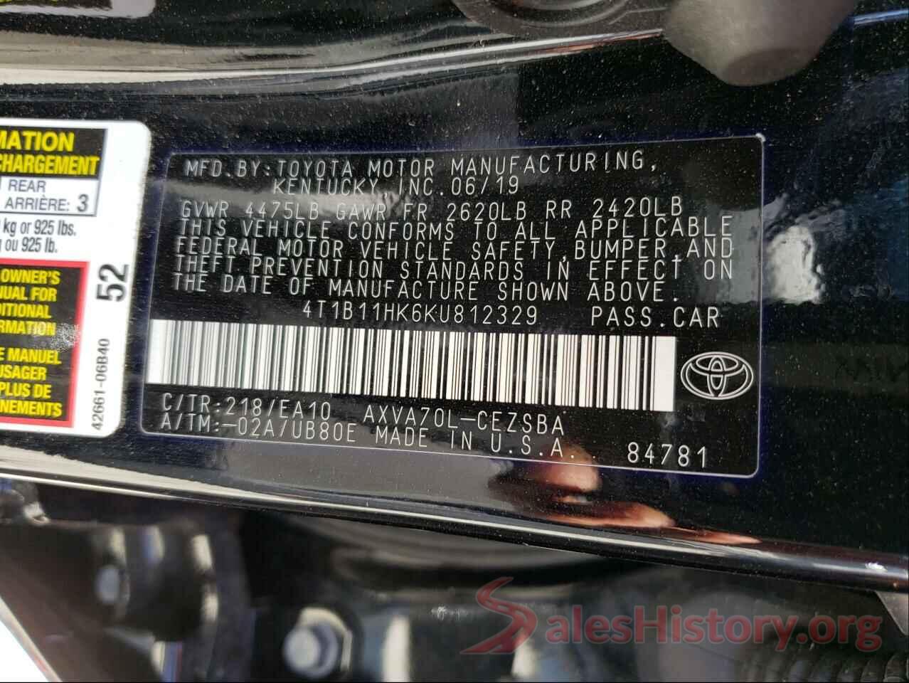 4T1B11HK6KU812329 2019 TOYOTA CAMRY