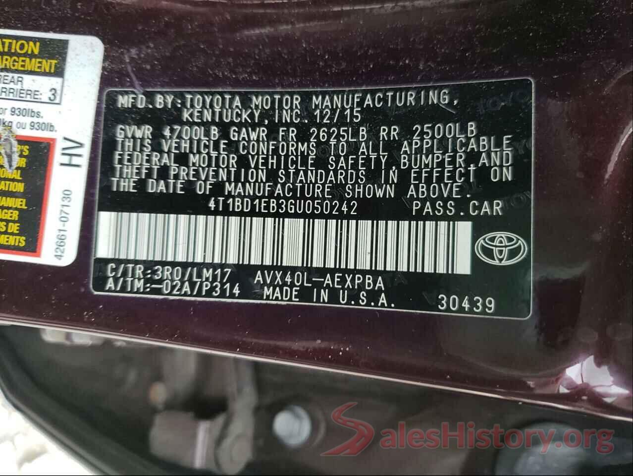 4T1BD1EB3GU050242 2016 TOYOTA AVALON