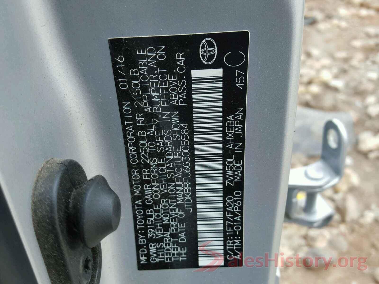 JTDKBRFU6G3005584 2016 TOYOTA PRIUS