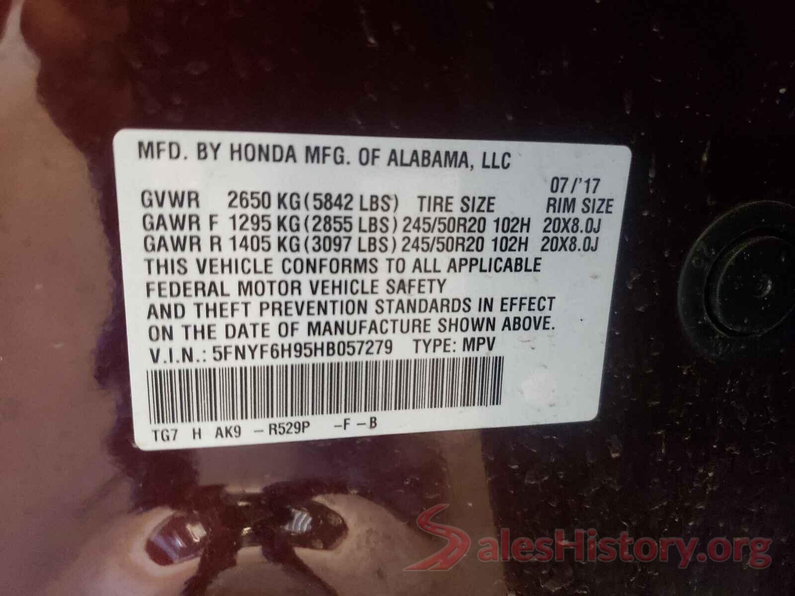 5FNYF6H95HB057279 2017 HONDA PILOT