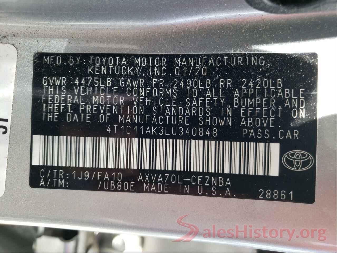 4T1C11AK3LU340848 2020 TOYOTA CAMRY