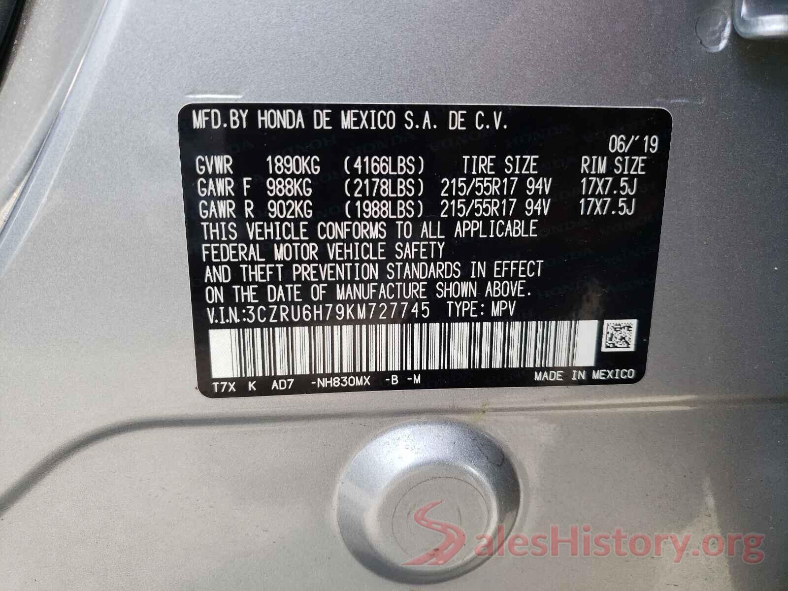 3CZRU6H79KM727745 2019 HONDA HR-V