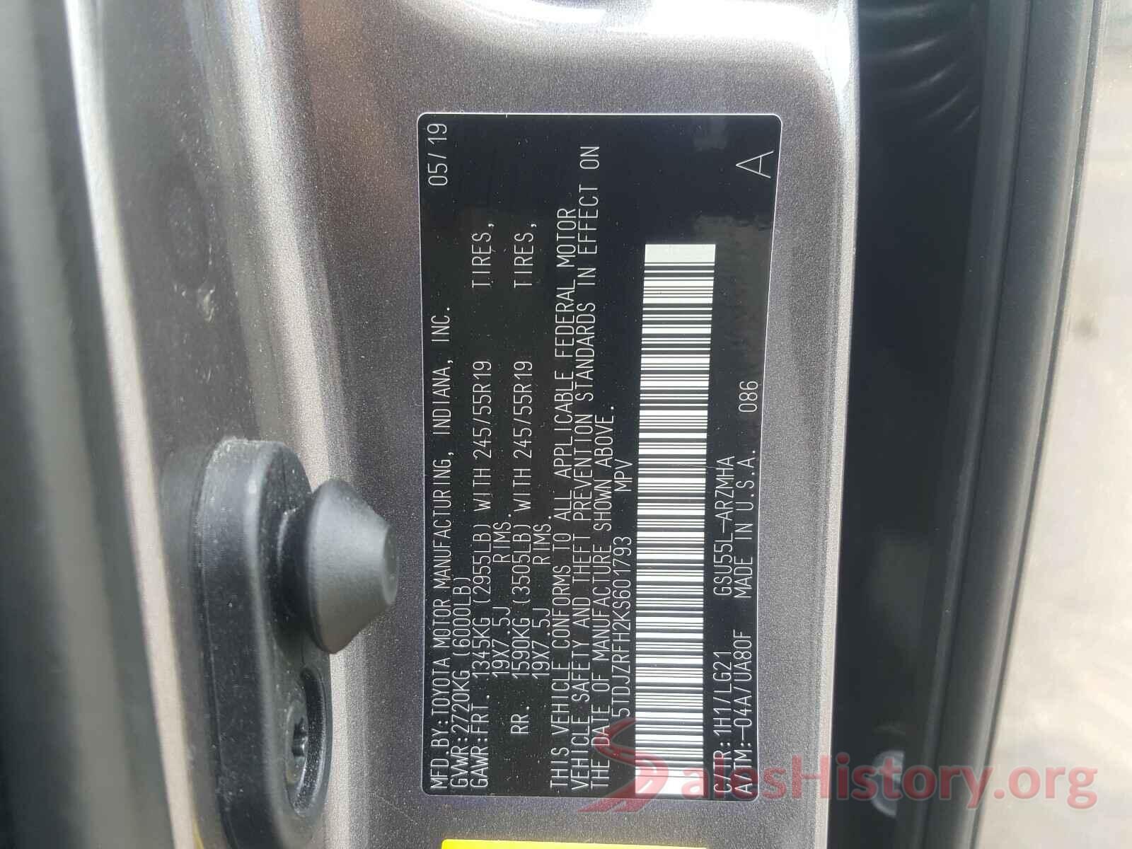 5TDJZRFH2KS601793 2019 TOYOTA HIGHLANDER