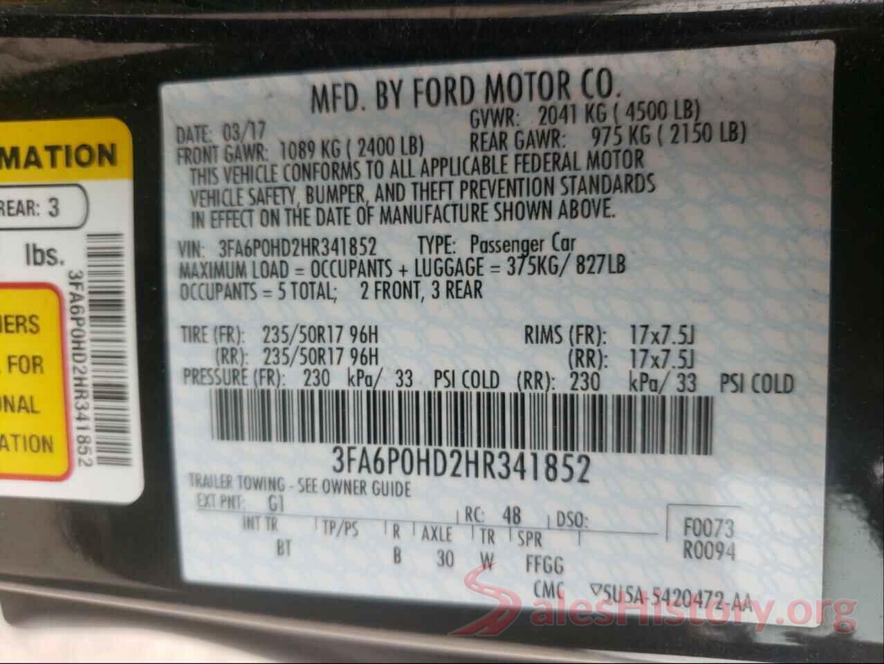 3FA6P0HD2HR341852 2017 FORD FUSION