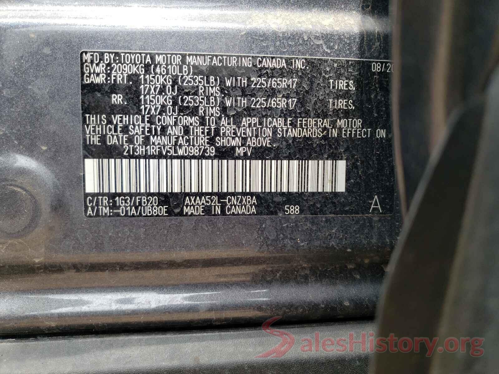 2T3H1RFV5LW098739 2020 TOYOTA RAV4