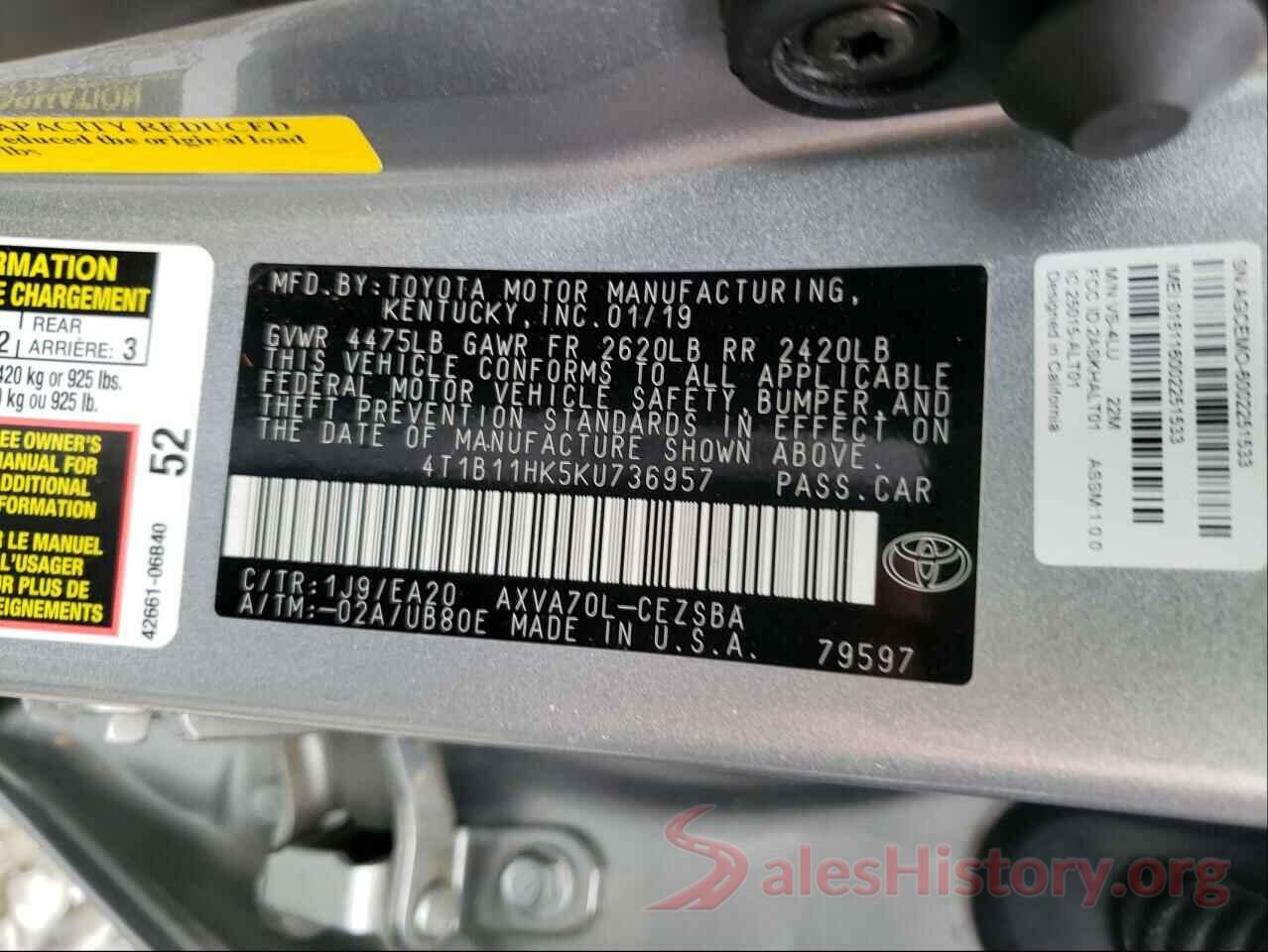 4T1B11HK5KU736957 2019 TOYOTA CAMRY