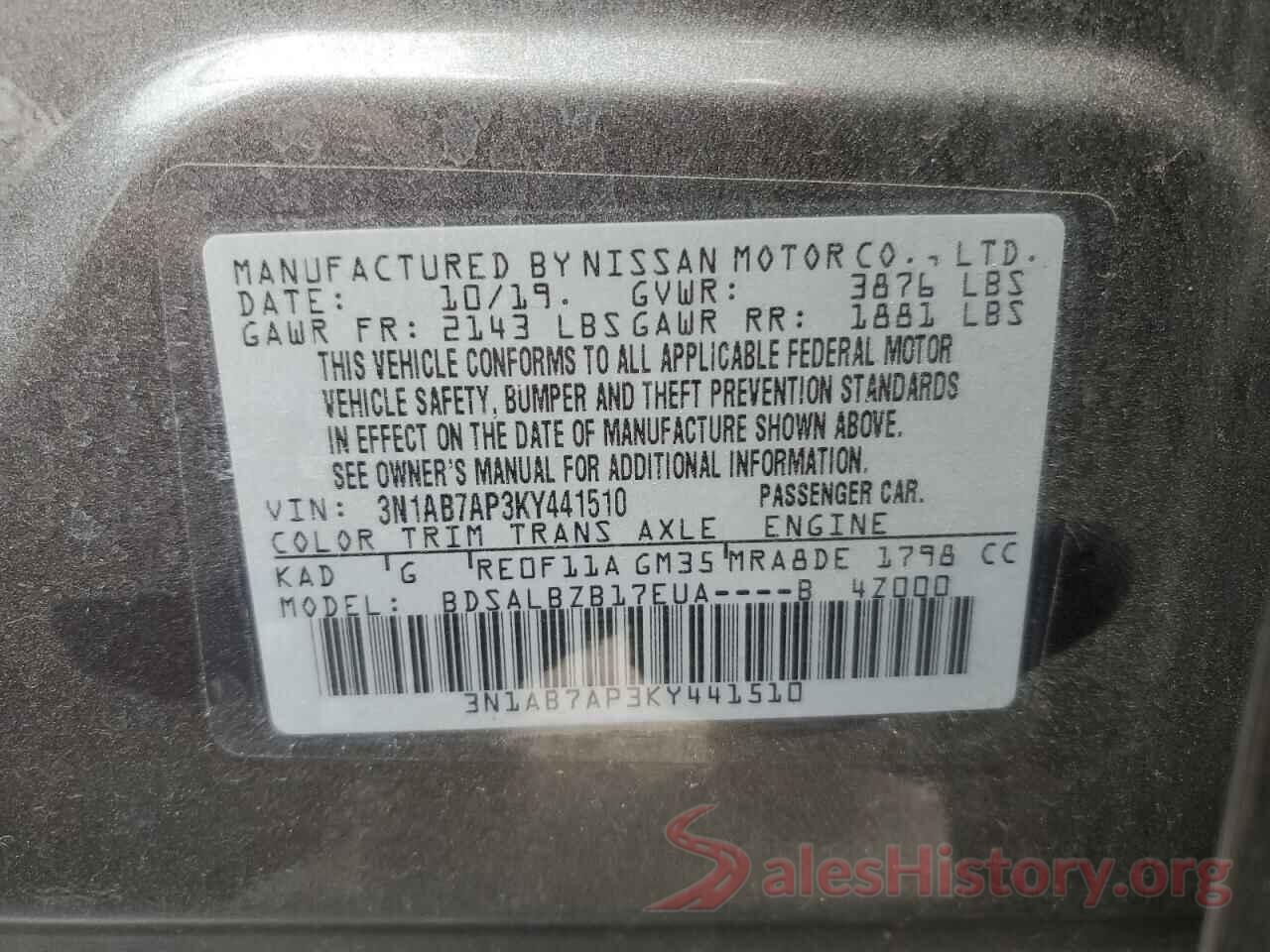 3N1AB7AP3KY441510 2019 NISSAN SENTRA