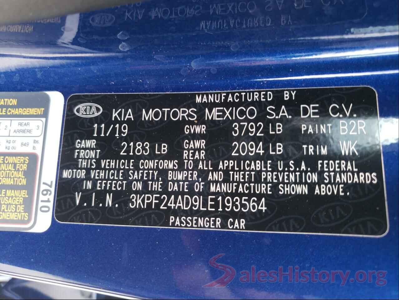 3KPF24AD9LE193564 2020 KIA FORTE