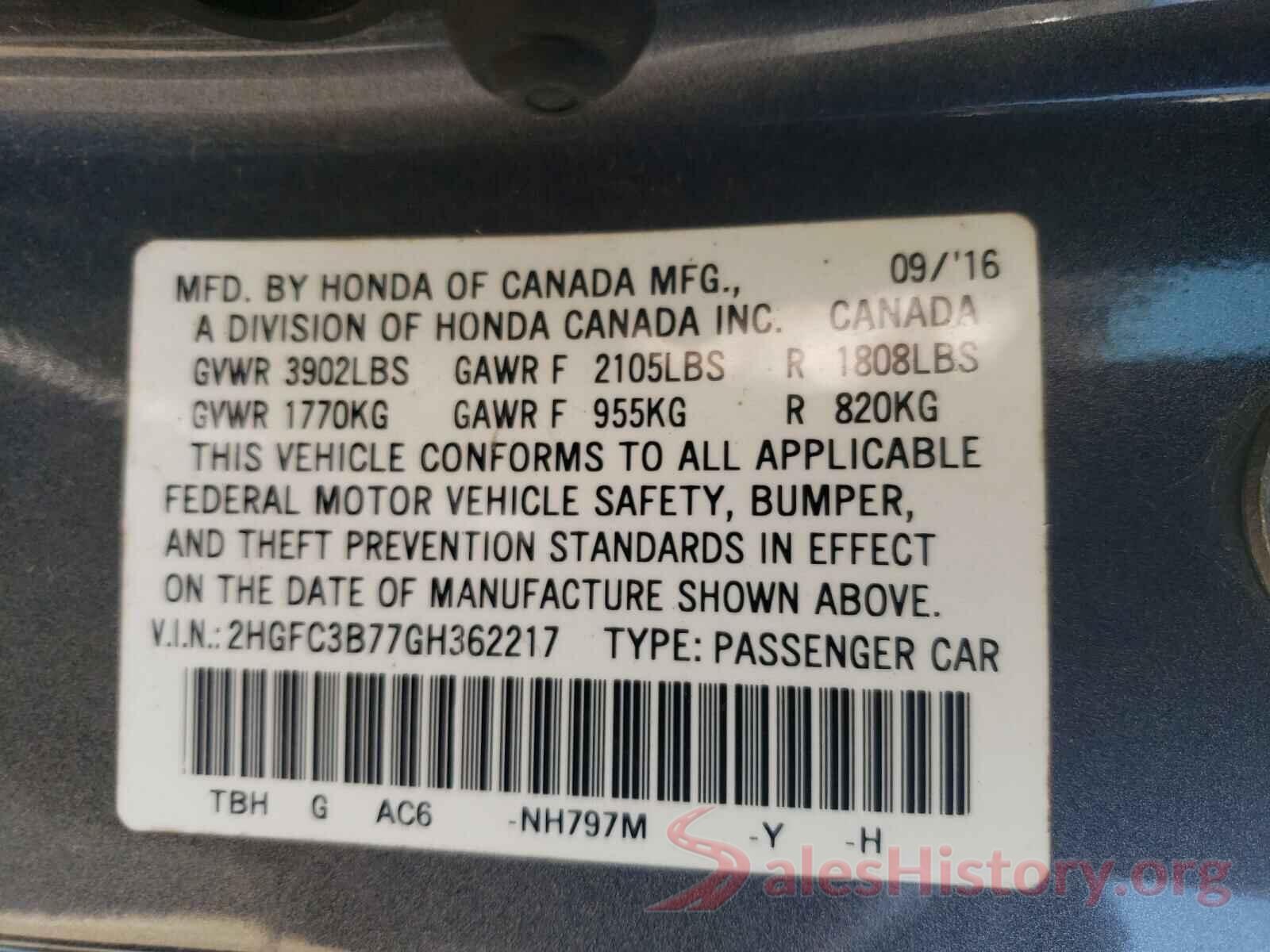 2HGFC3B77GH362217 2016 HONDA CIVIC