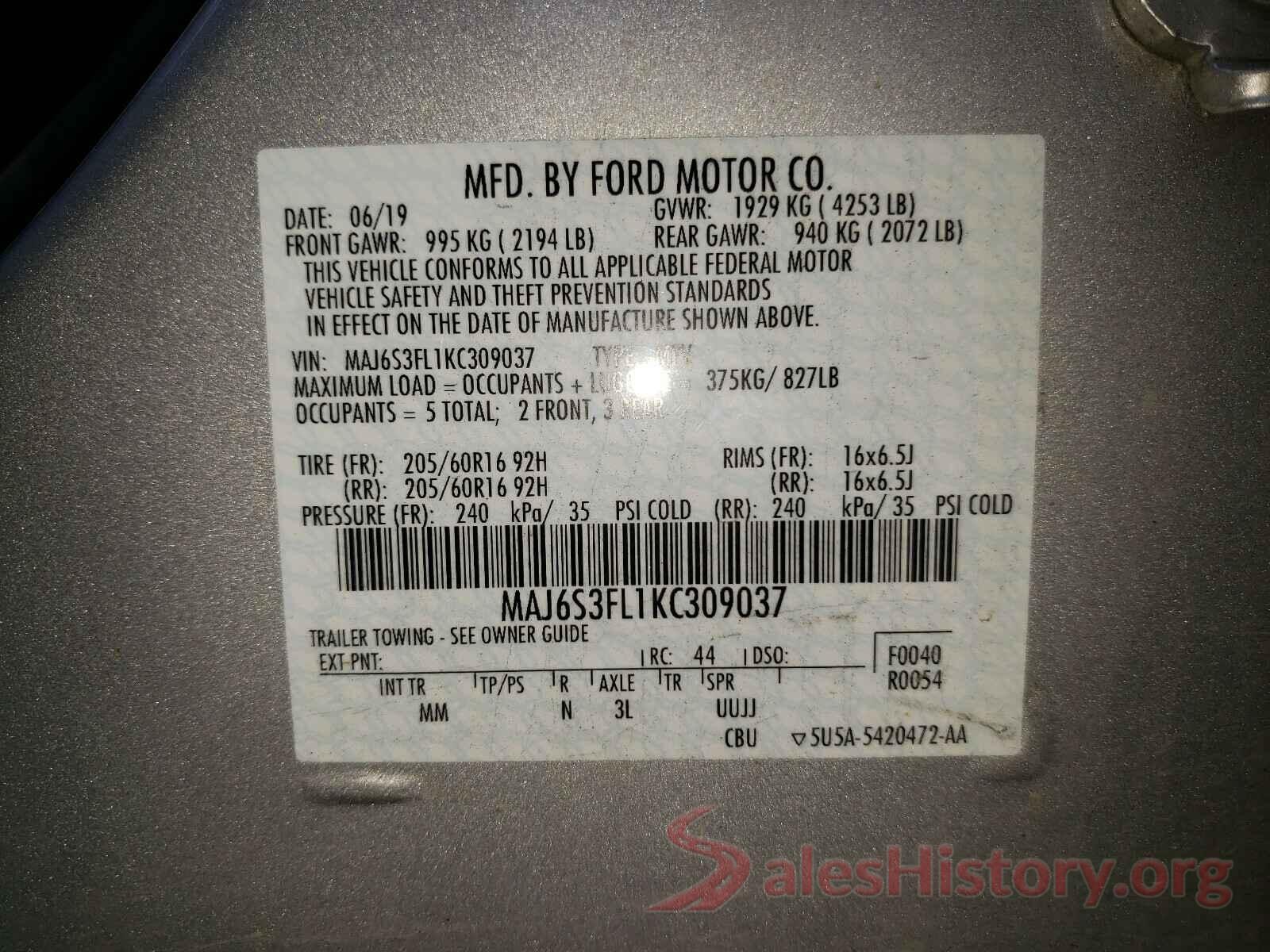 MAJ6S3FL1KC309037 2019 FORD ALL OTHER