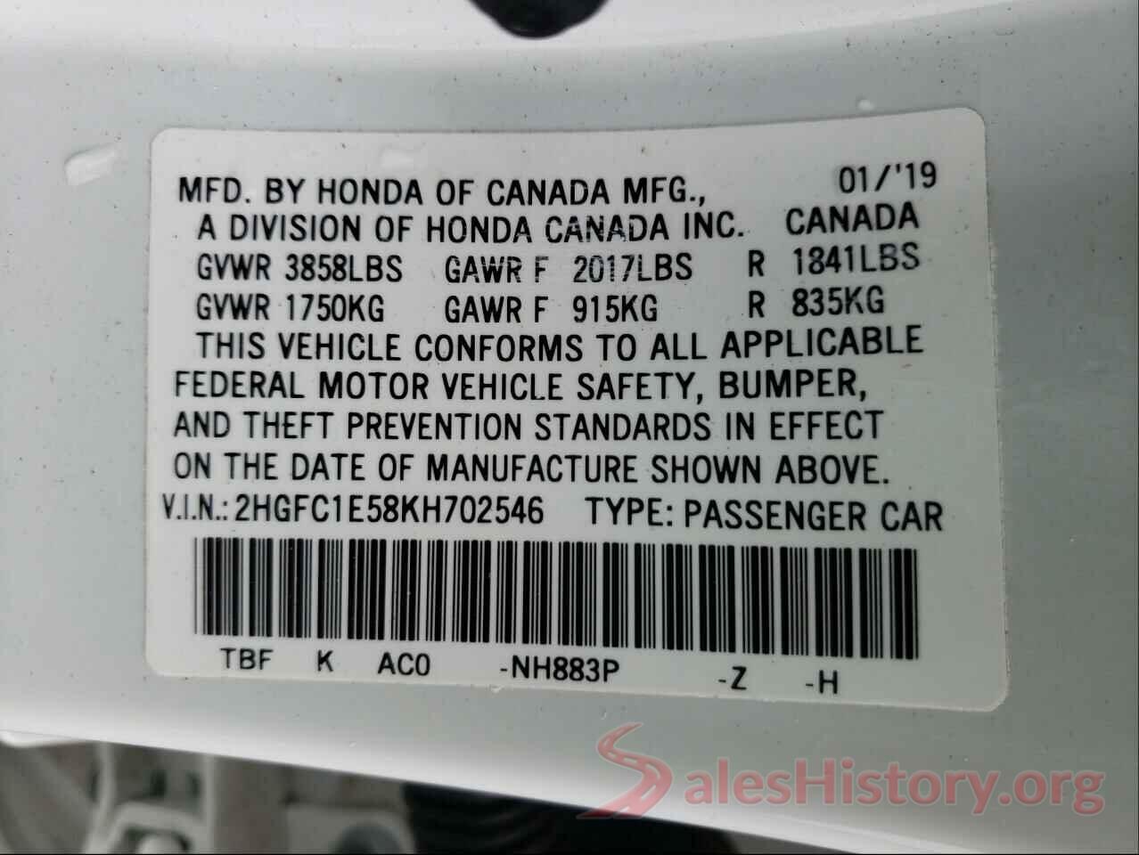 2HGFC1E58KH702546 2019 HONDA CIVIC