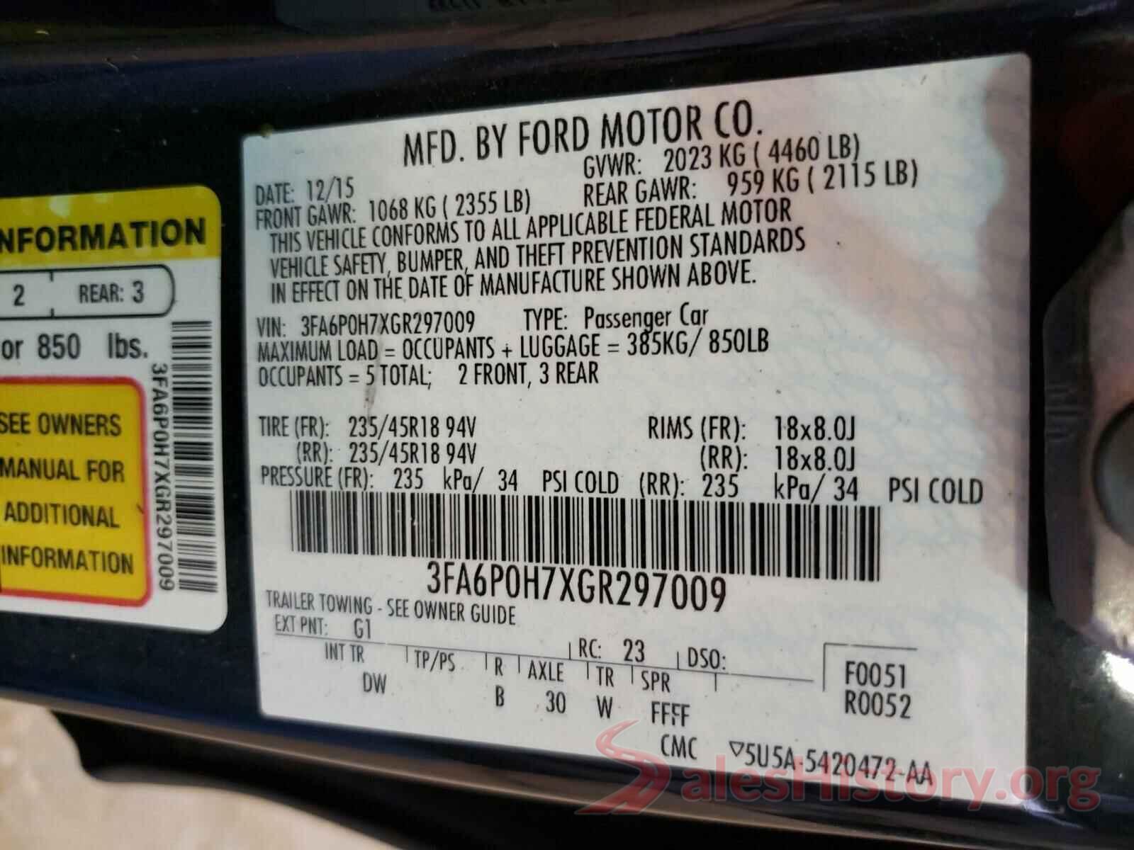 3FA6P0H7XGR297009 2016 FORD FUSION