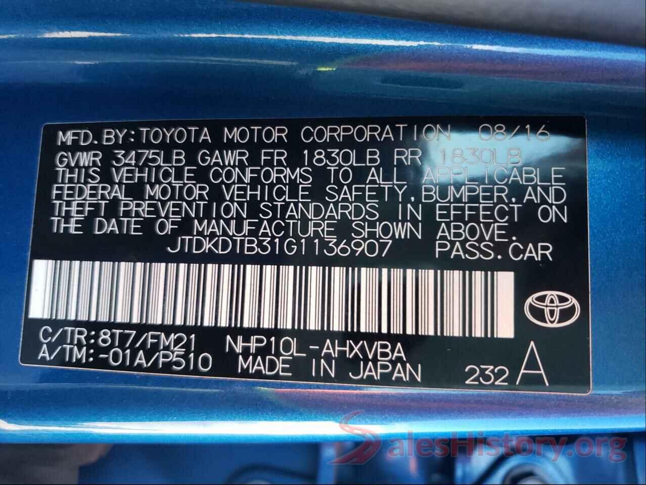 JTDKDTB31G1136907 2016 TOYOTA PRIUS