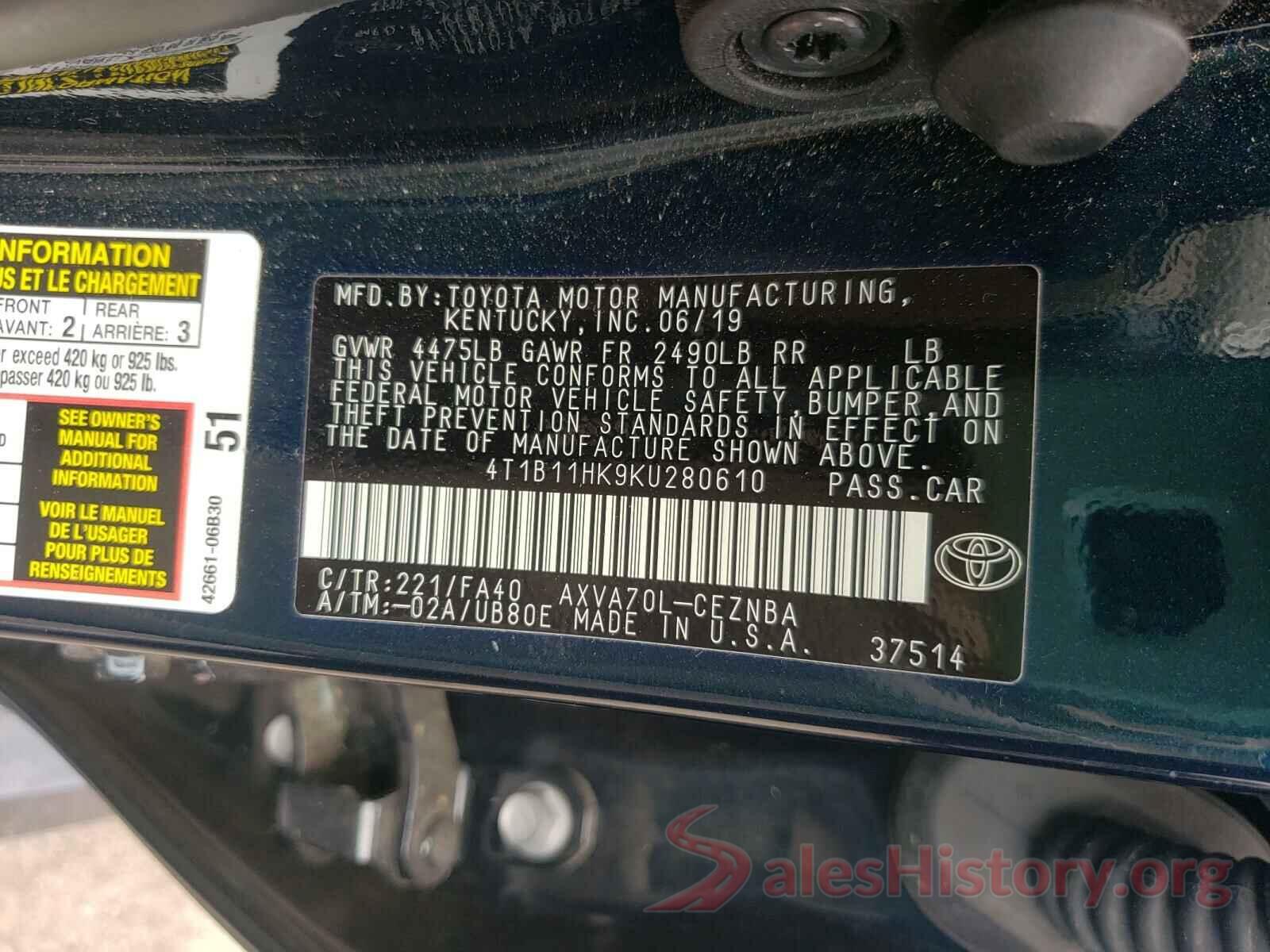 4T1B11HK9KU280610 2019 TOYOTA CAMRY