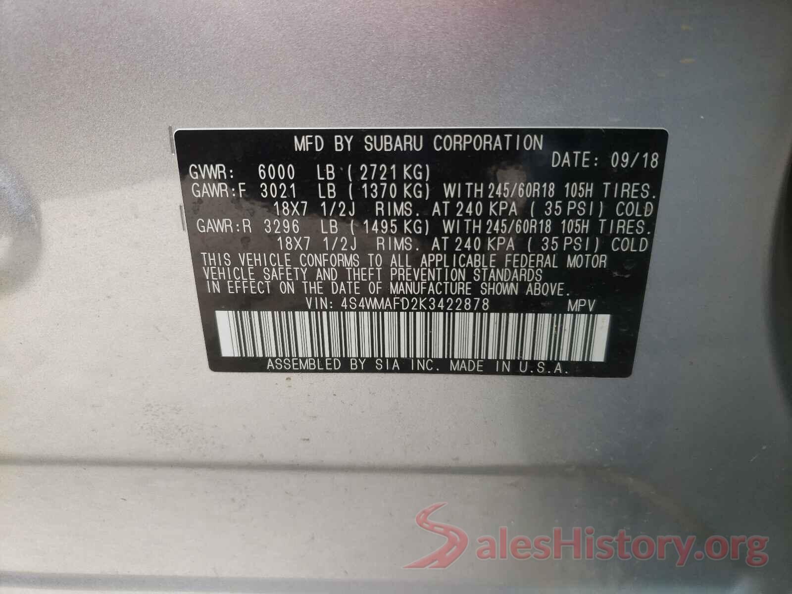 4S4WMAFD2K3422878 2019 SUBARU ASCENT