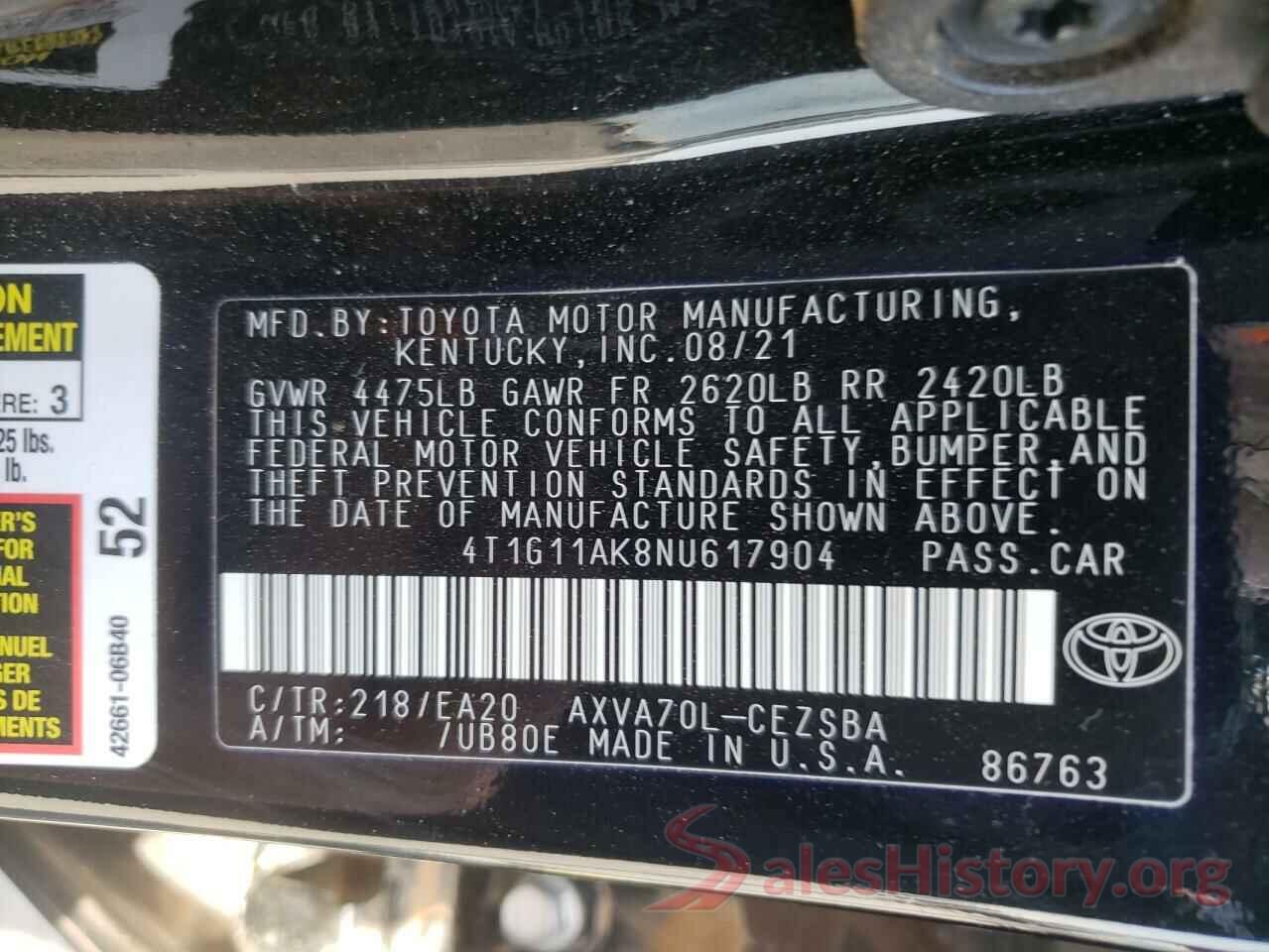 4T1G11AK8NU617904 2022 TOYOTA CAMRY