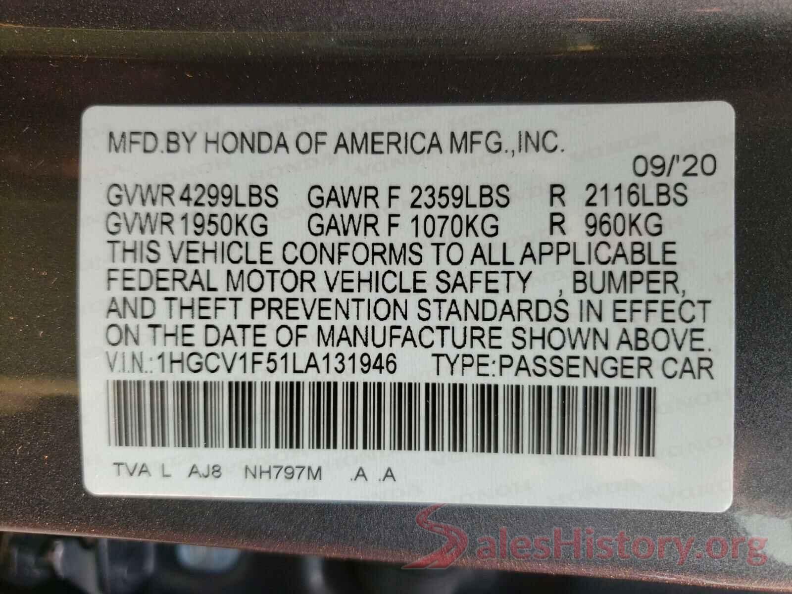 1HGCV1F51LA131946 2020 HONDA ACCORD